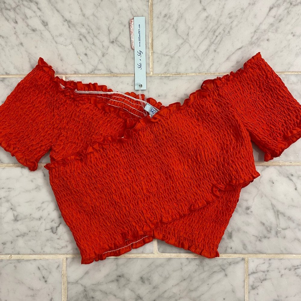 Red smocked cross wrap crop top
